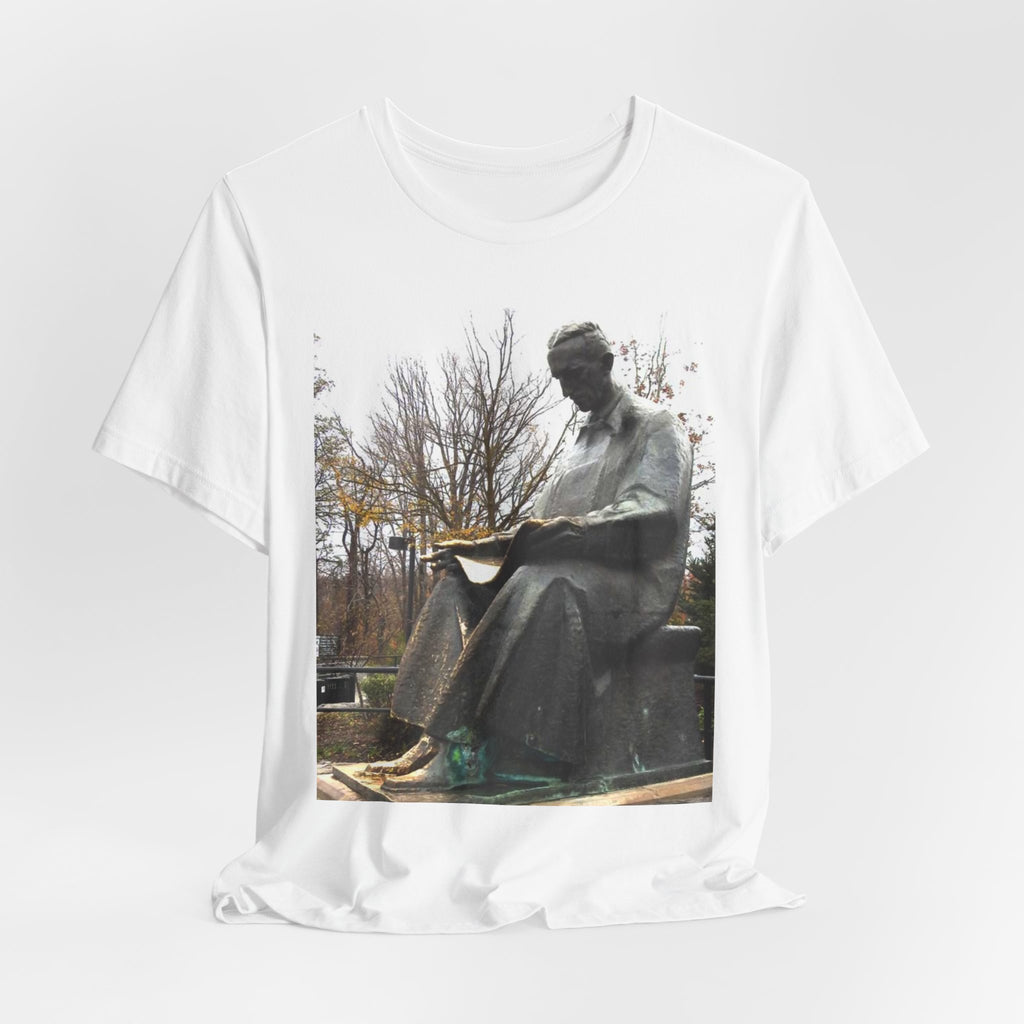 Tesla Statue Park Photo Tee — Bronze Monument Graphic T-Shirt
