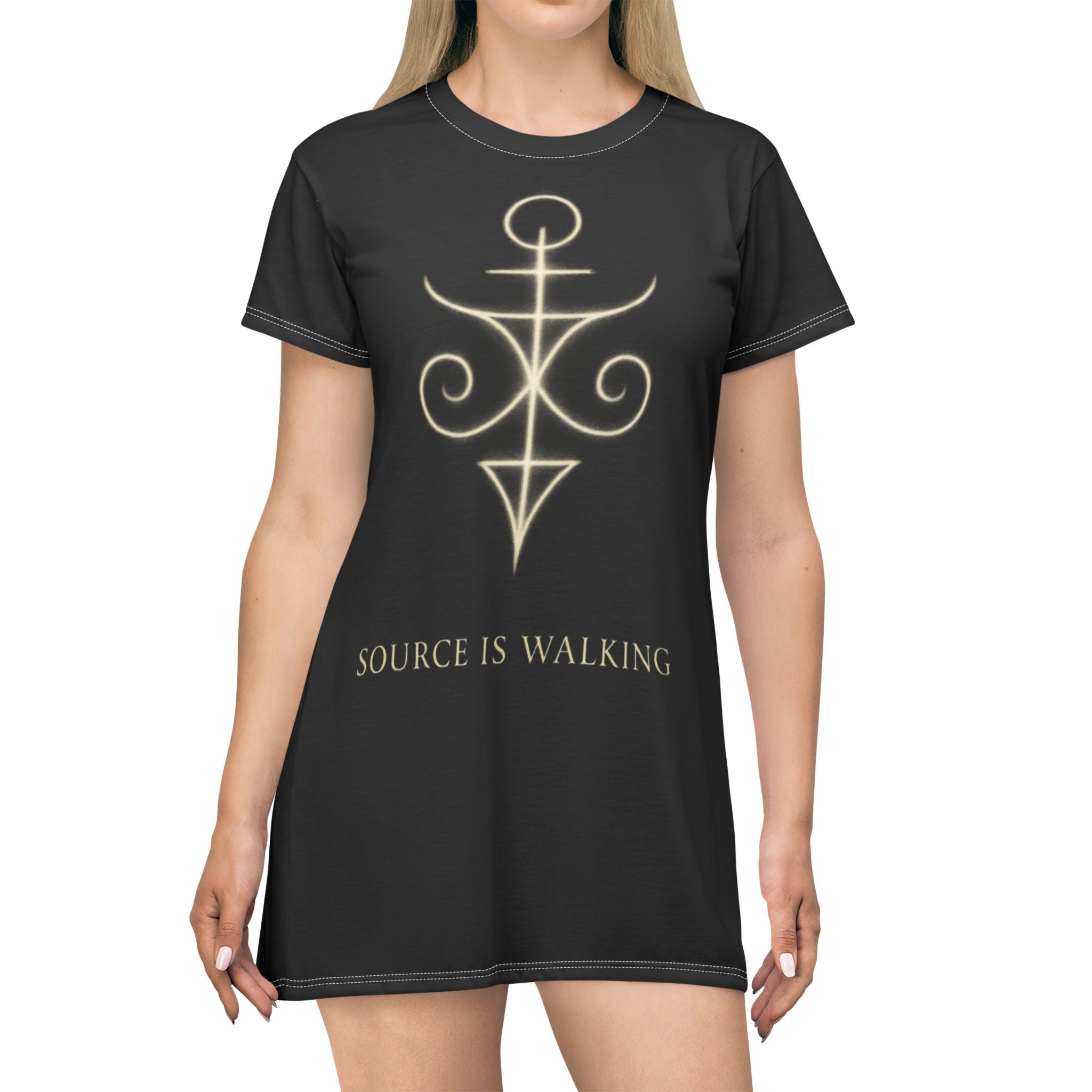 Mystic Sigil T-Shirt Dress — "Source Is Walking" Spiritual Graphic Dress