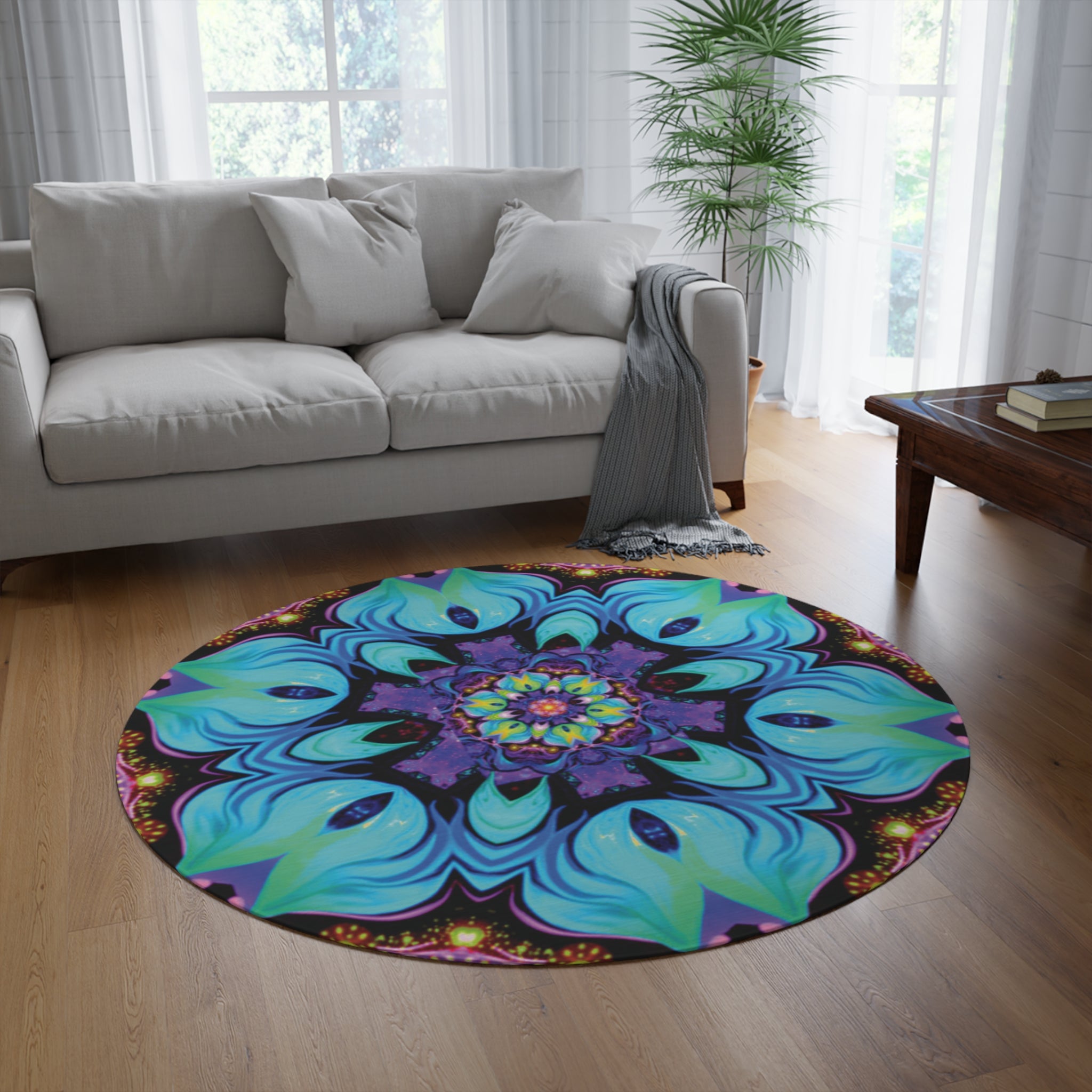 Bohemian Blue Floral Mandala Round Rug