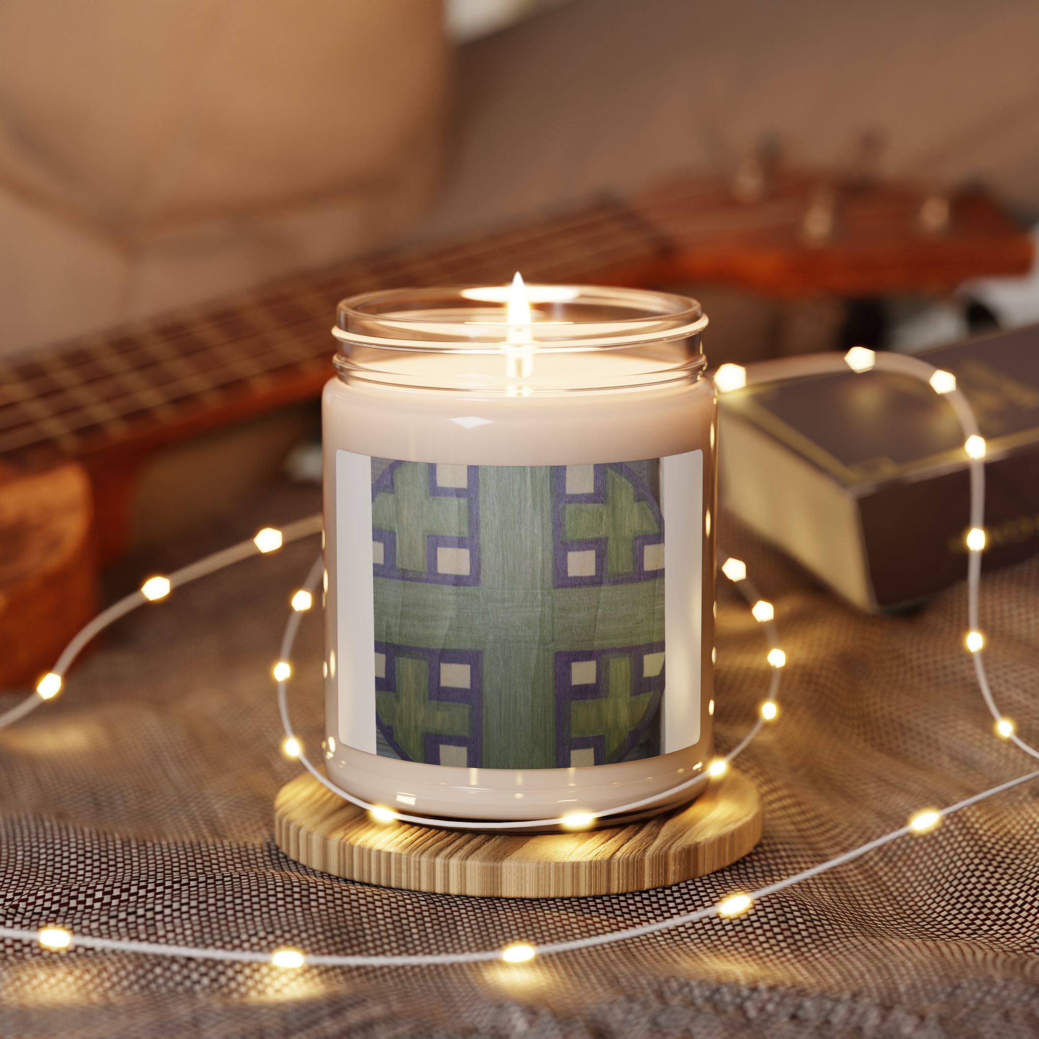 Geometric Green Plaid Candle, Soy Jar 9oz | Abstract Pattern Home Decor