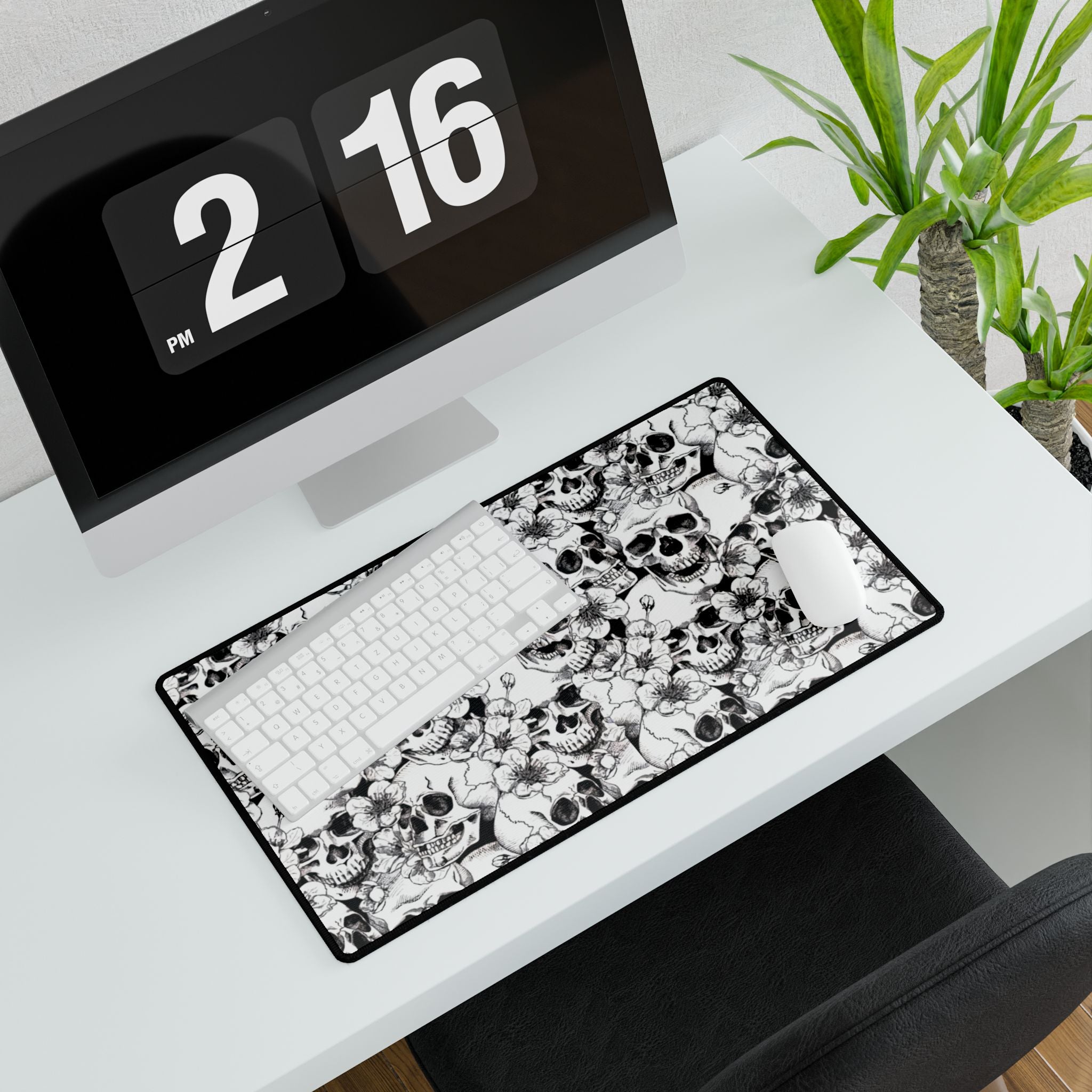 Skull and Flowers Desk Mat | Black White Floral Skull Mousepad