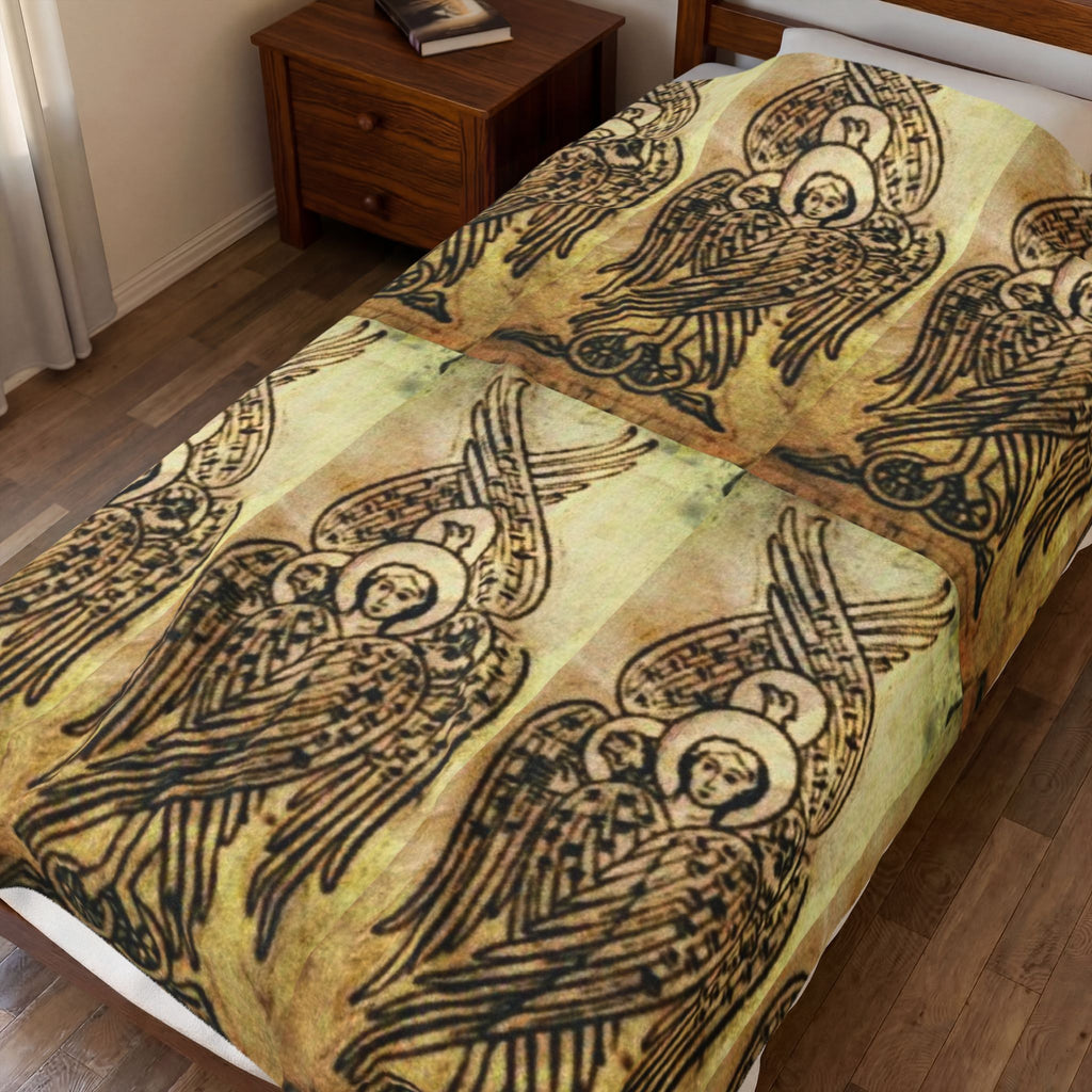 Velveteen Plush Blanket — Vintage Angel Pattern Cozy Throw