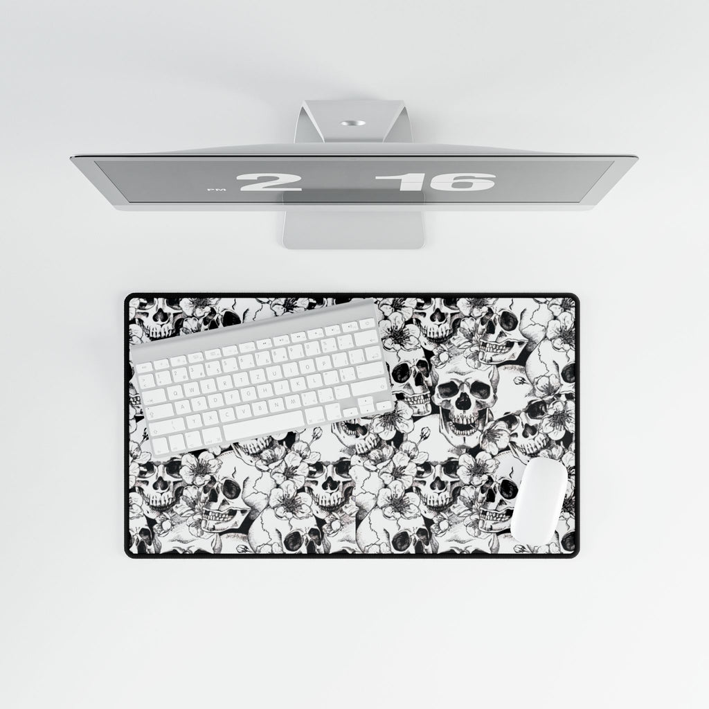 Skull and Flowers Desk Mat | Black White Floral Skull Mousepad