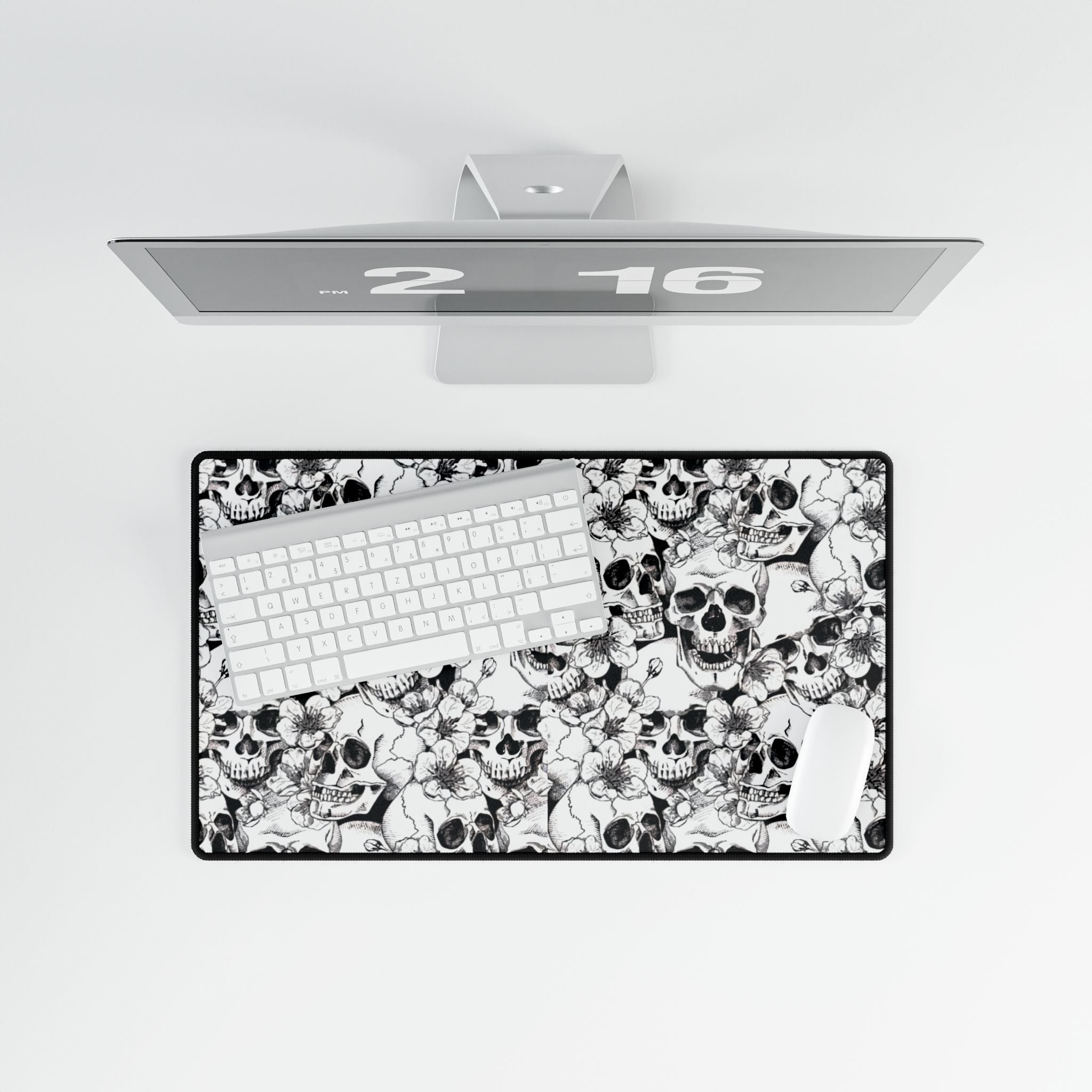 Skull and Flowers Desk Mat | Black White Floral Skull Mousepad