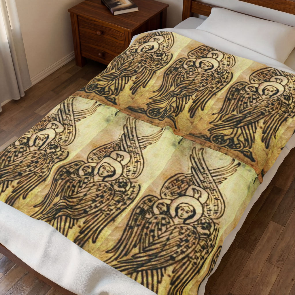 Velveteen Plush Blanket — Vintage Angel Pattern Cozy Throw