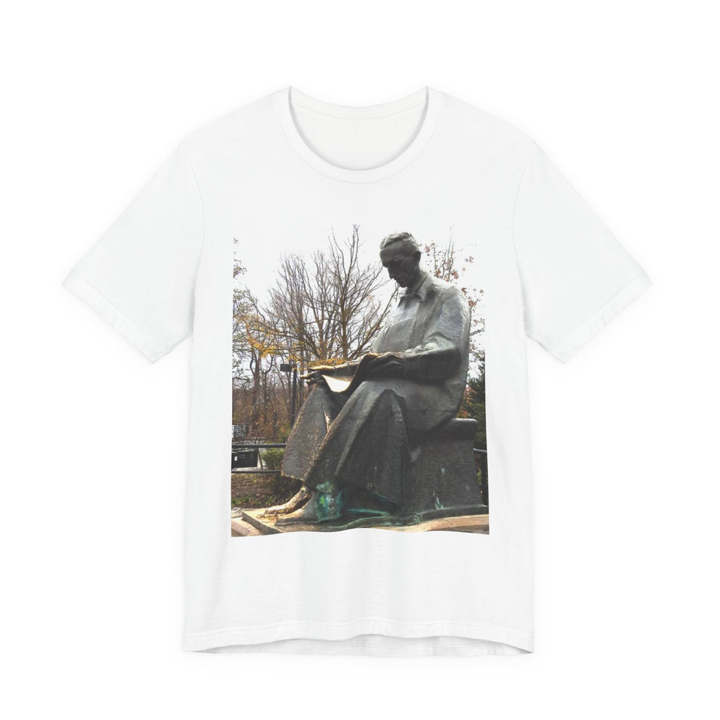 Tesla Statue Park Photo Tee — Bronze Monument Graphic T-Shirt