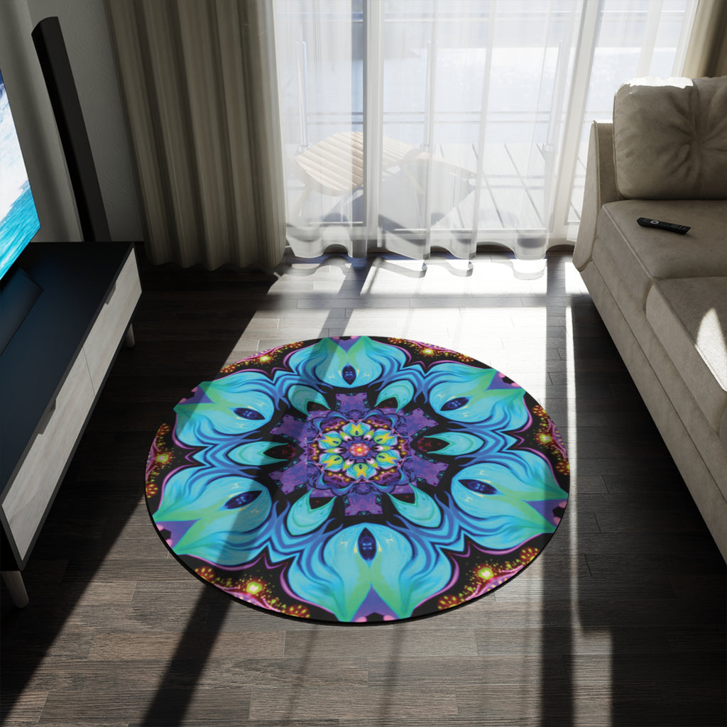 Bohemian Blue Floral Mandala Round Rug