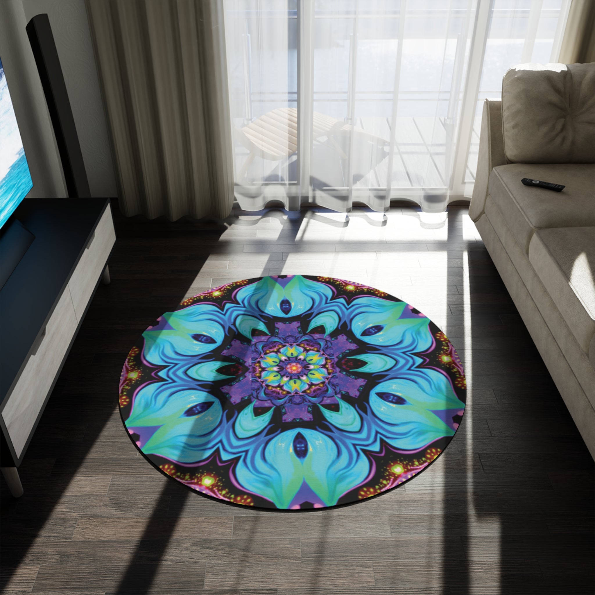 Bohemian Blue Floral Mandala Round Rug