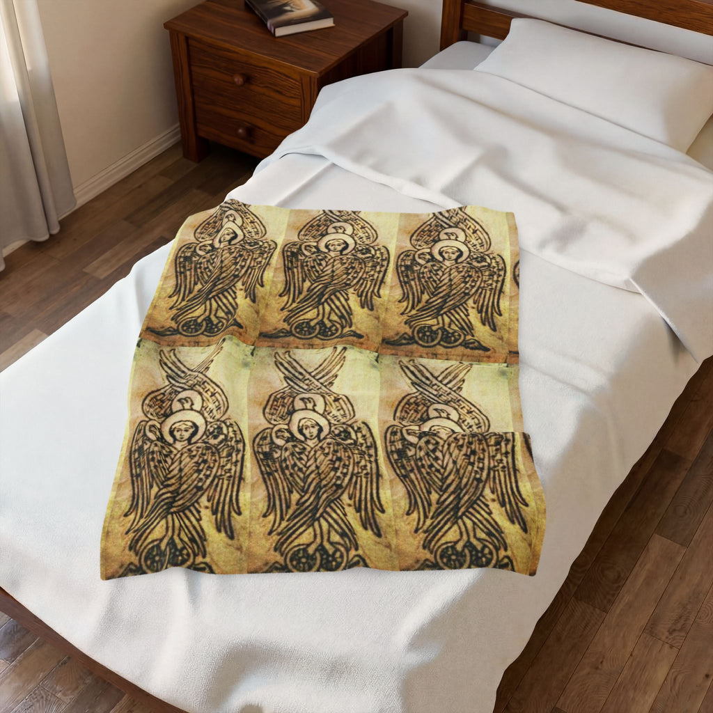 Velveteen Plush Blanket — Vintage Angel Pattern Cozy Throw