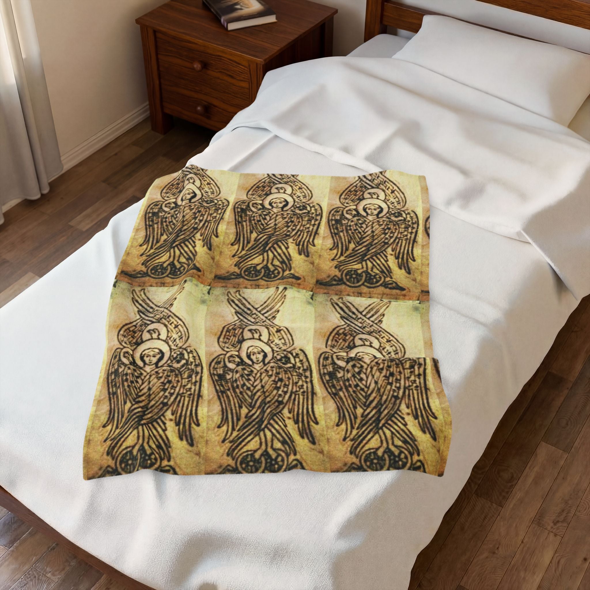 Velveteen Plush Blanket — Vintage Angel Pattern Cozy Throw