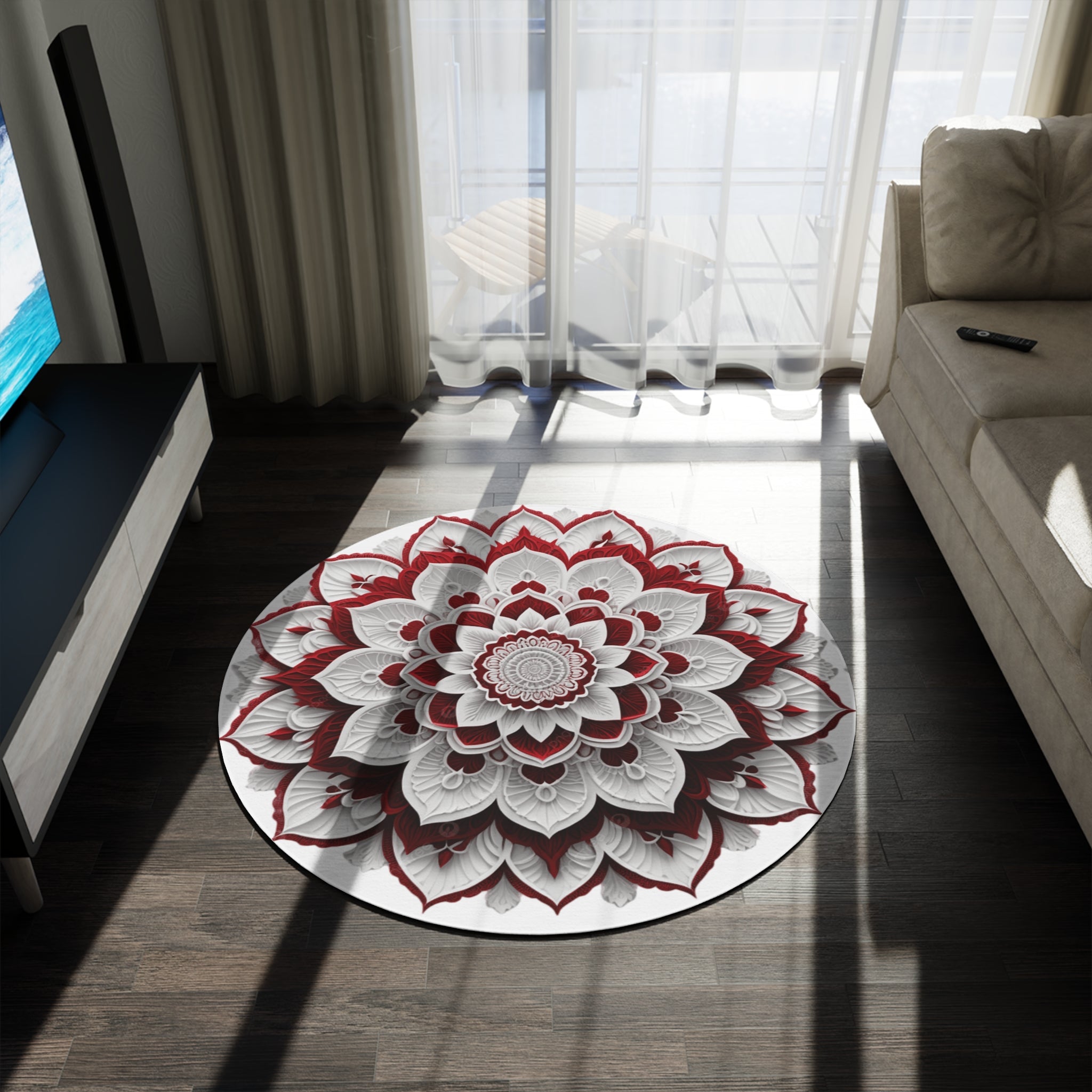 Red White Floral Mandala Round Rug | Boho Home Decor, Floor Mat