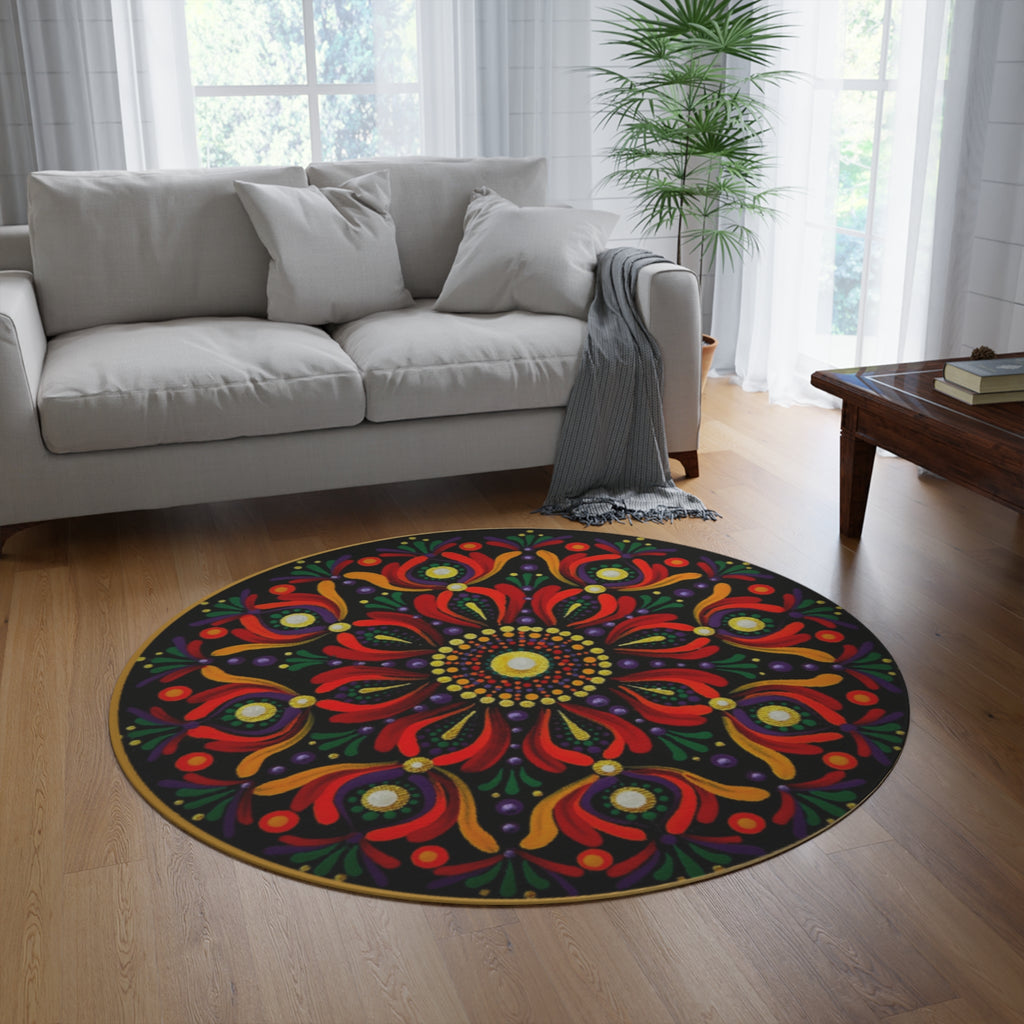 Mandala Floral Round Rug — Boho Red & Black Decorative Floor Mat