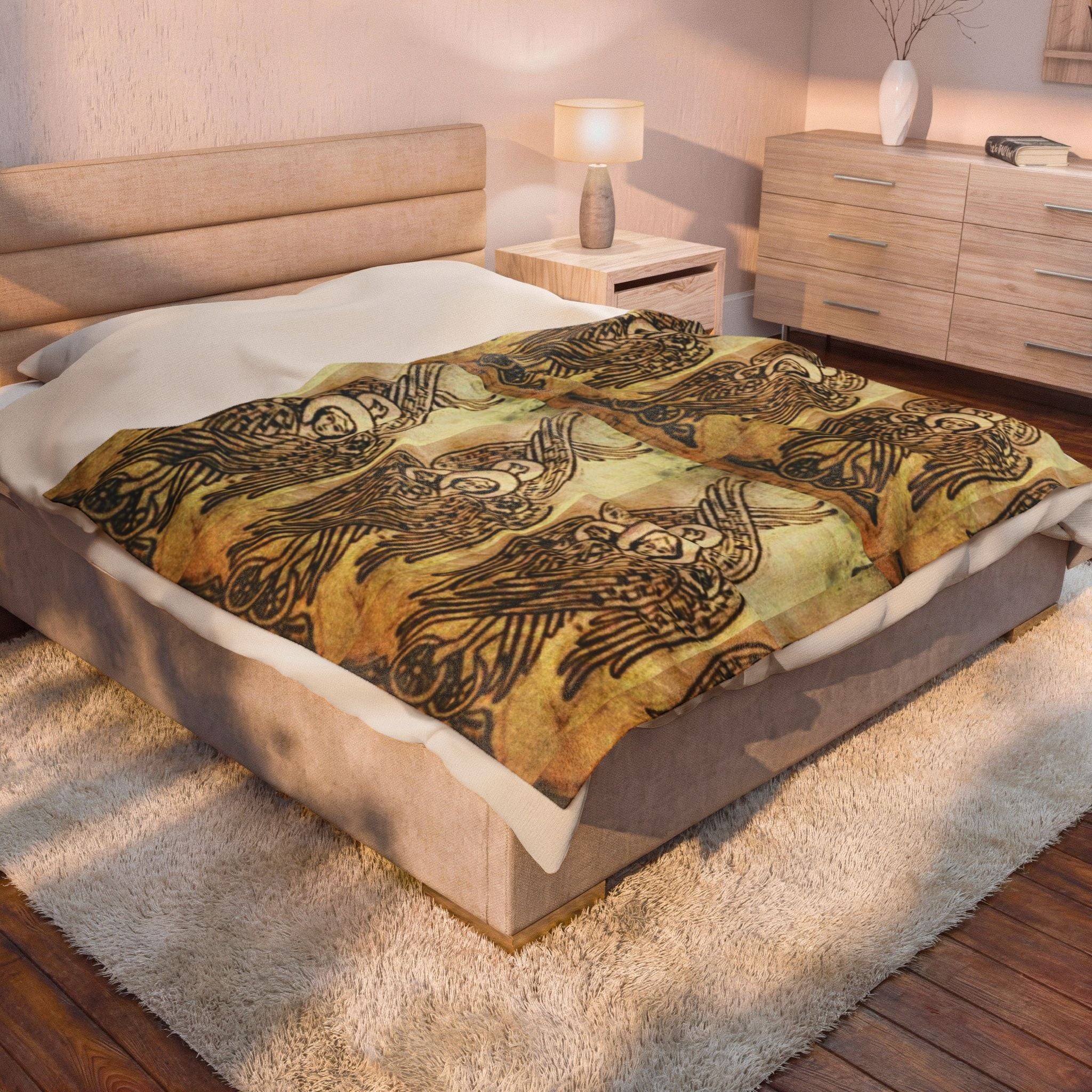 Velveteen Plush Blanket — Vintage Angel Pattern Cozy Throw