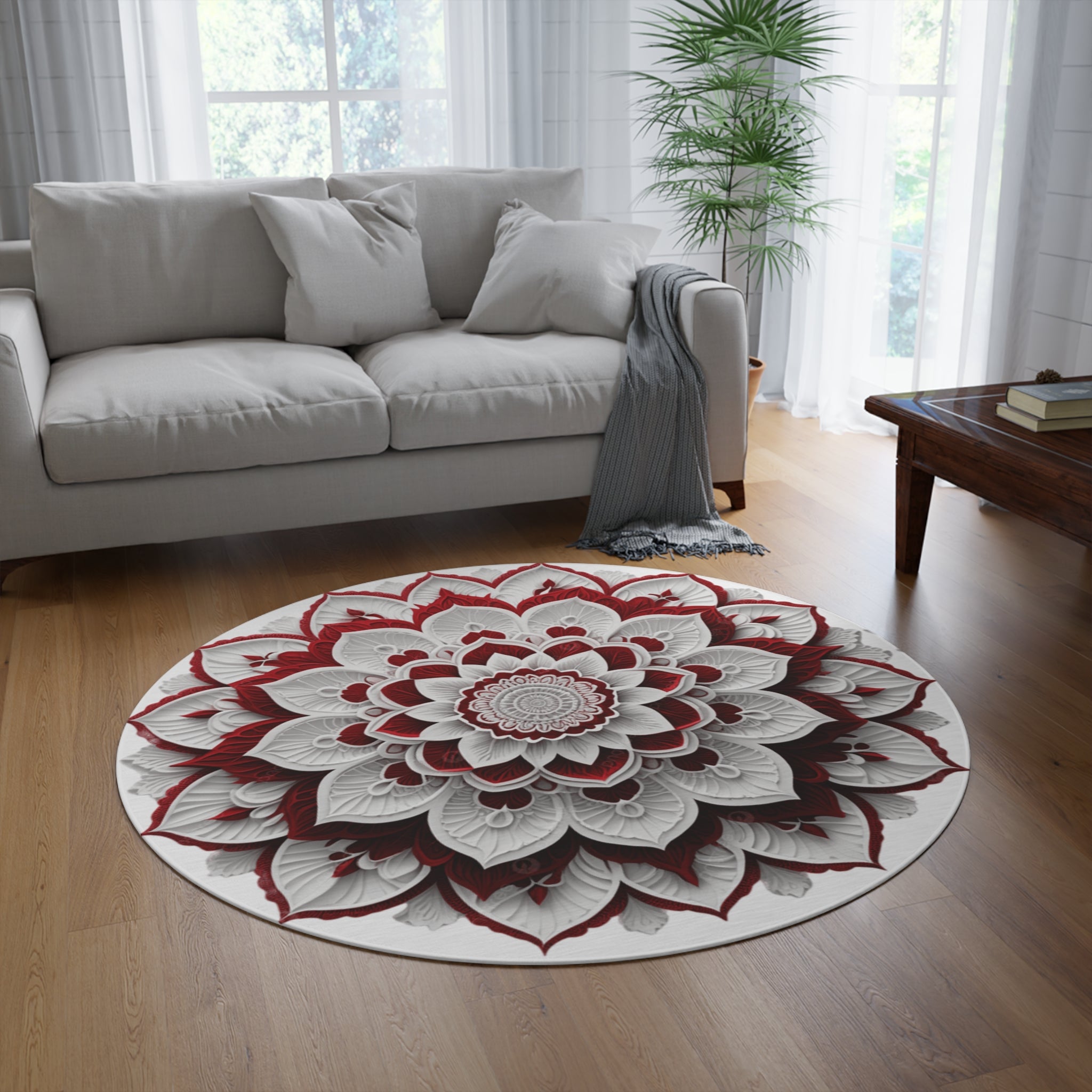 Red White Floral Mandala Round Rug | Boho Home Decor, Floor Mat