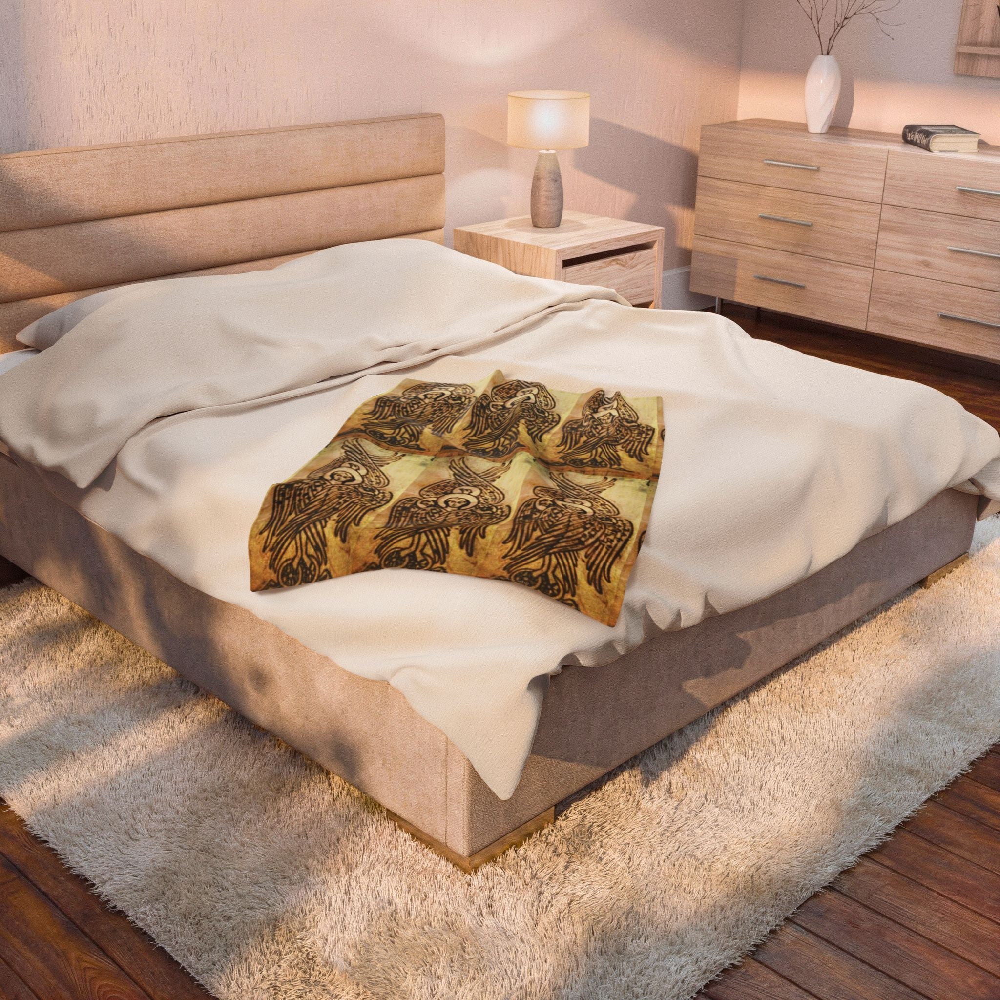 Velveteen Plush Blanket — Vintage Angel Pattern Cozy Throw