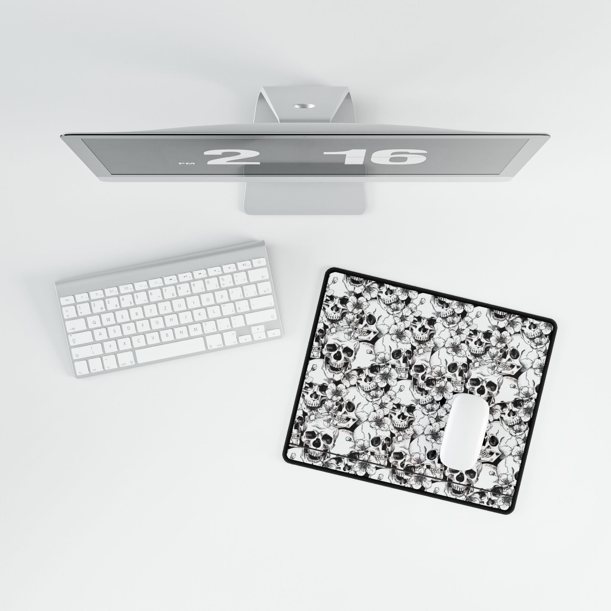 Skull and Flowers Desk Mat | Black White Floral Skull Mousepad