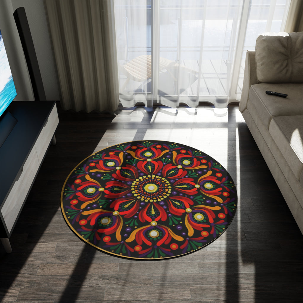 Mandala Floral Round Rug — Boho Red & Black Decorative Floor Mat