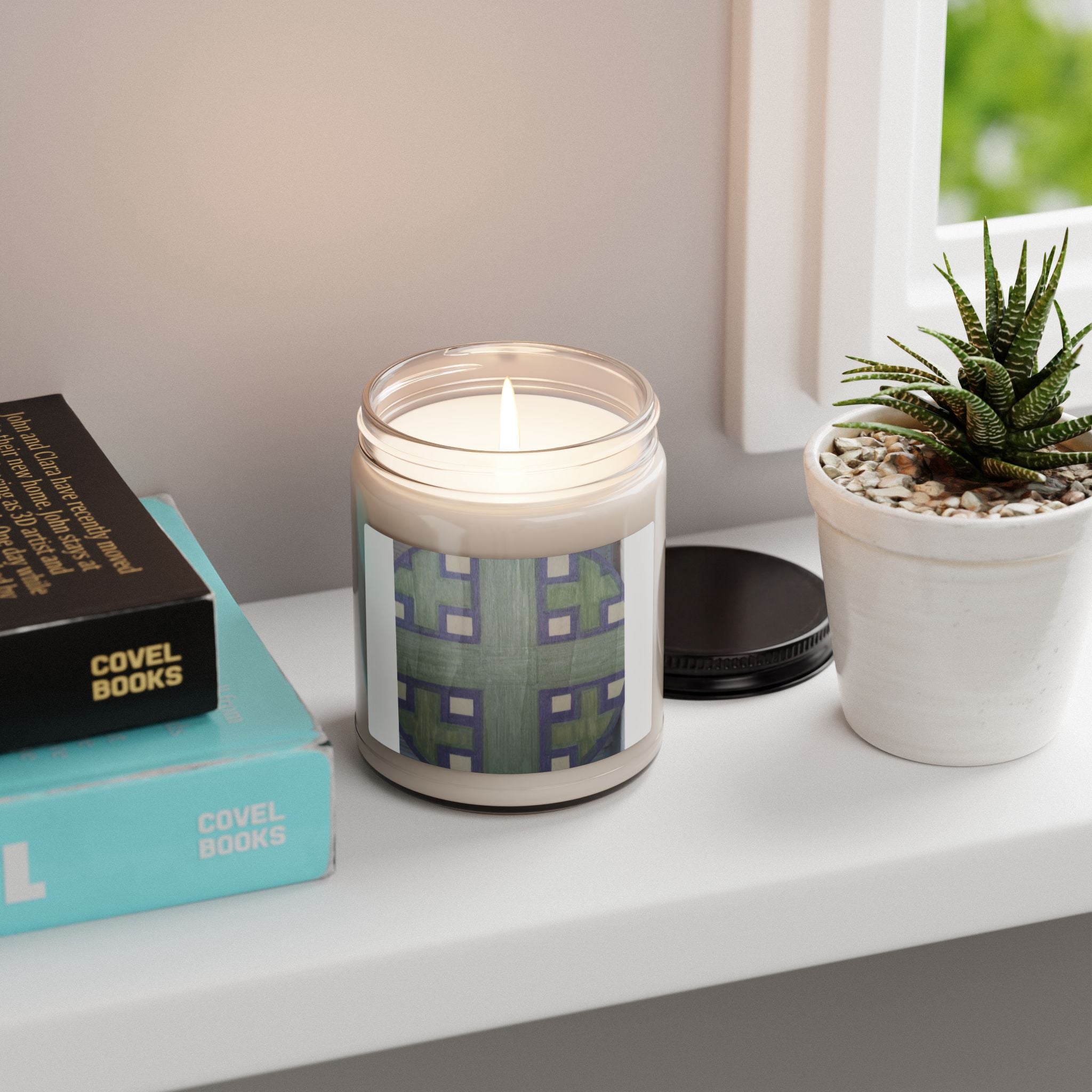Geometric Green Plaid Candle, Soy Jar 9oz | Abstract Pattern Home Decor