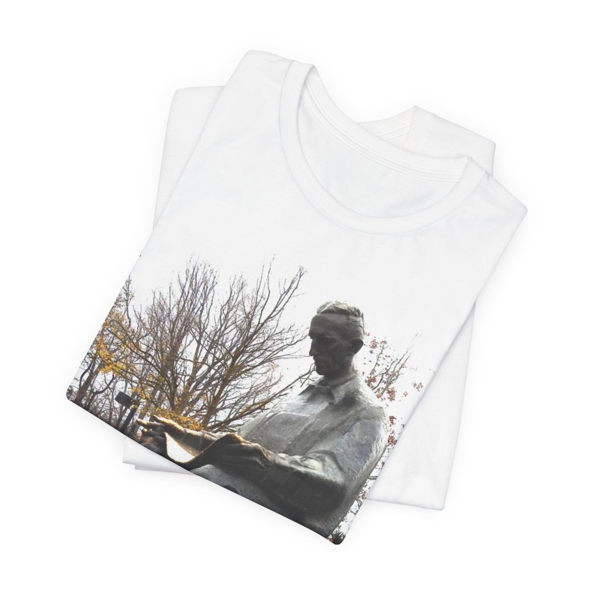 Tesla Statue Park Photo Tee — Bronze Monument Graphic T-Shirt