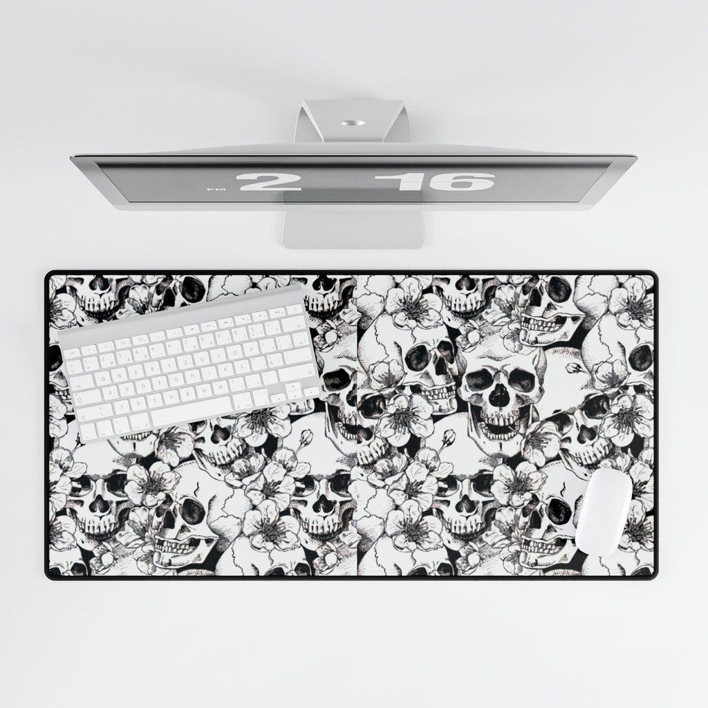 Skull and Flowers Desk Mat | Black White Floral Skull Mousepad