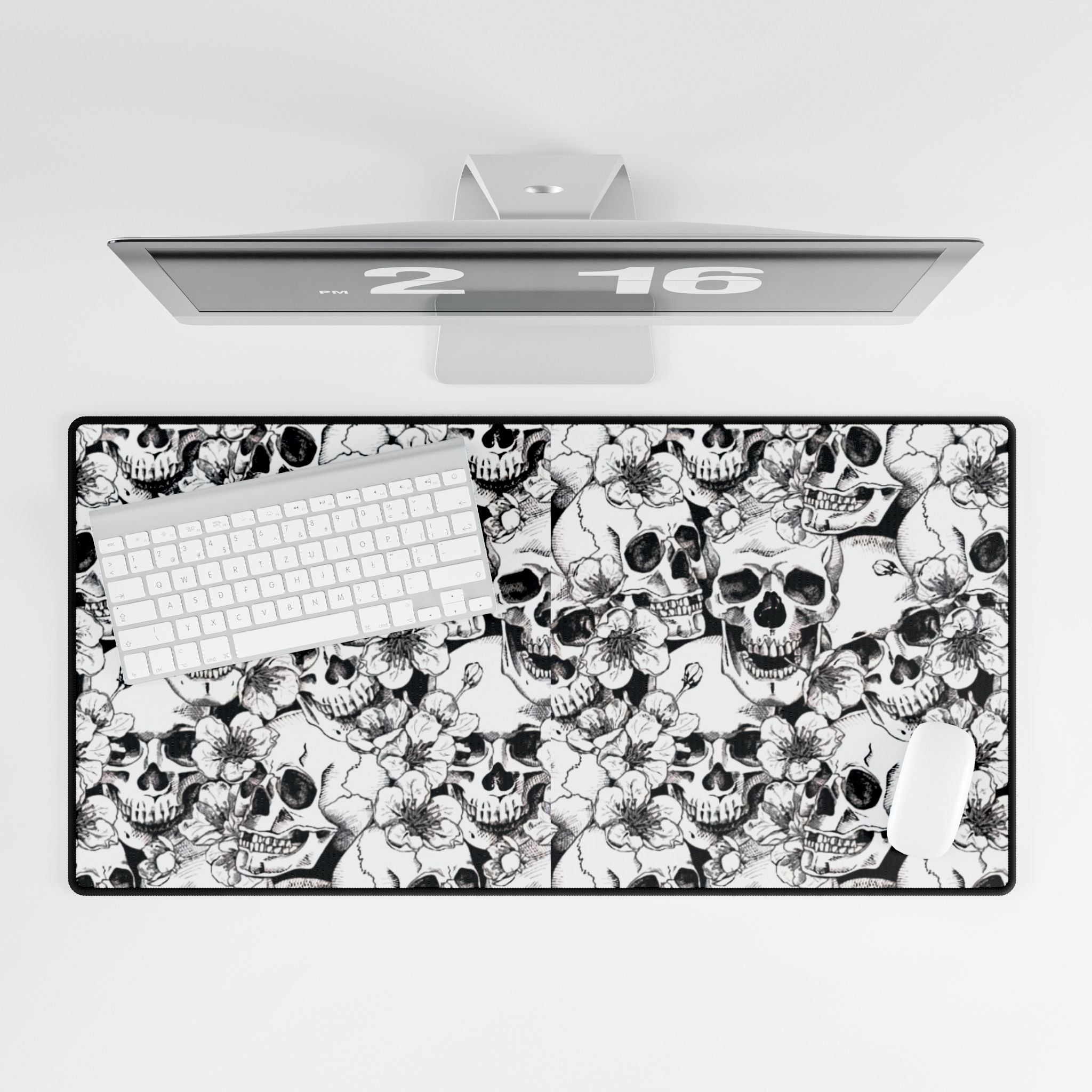 Skull and Flowers Desk Mat | Black White Floral Skull Mousepad