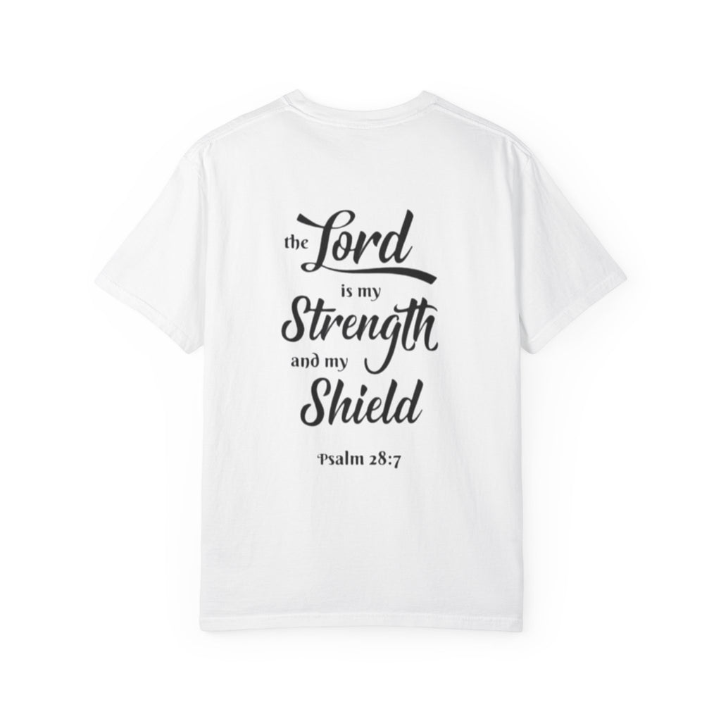 Rustic Cross T-shirt | Psalm 28:7 Back Typography