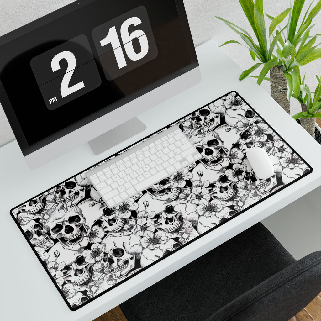Skull and Flowers Desk Mat | Black White Floral Skull Mousepad