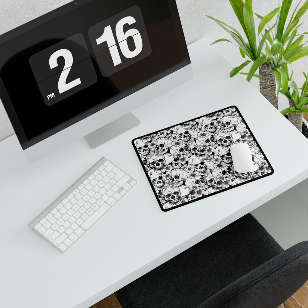 Skull and Flowers Desk Mat | Black White Floral Skull Mousepad